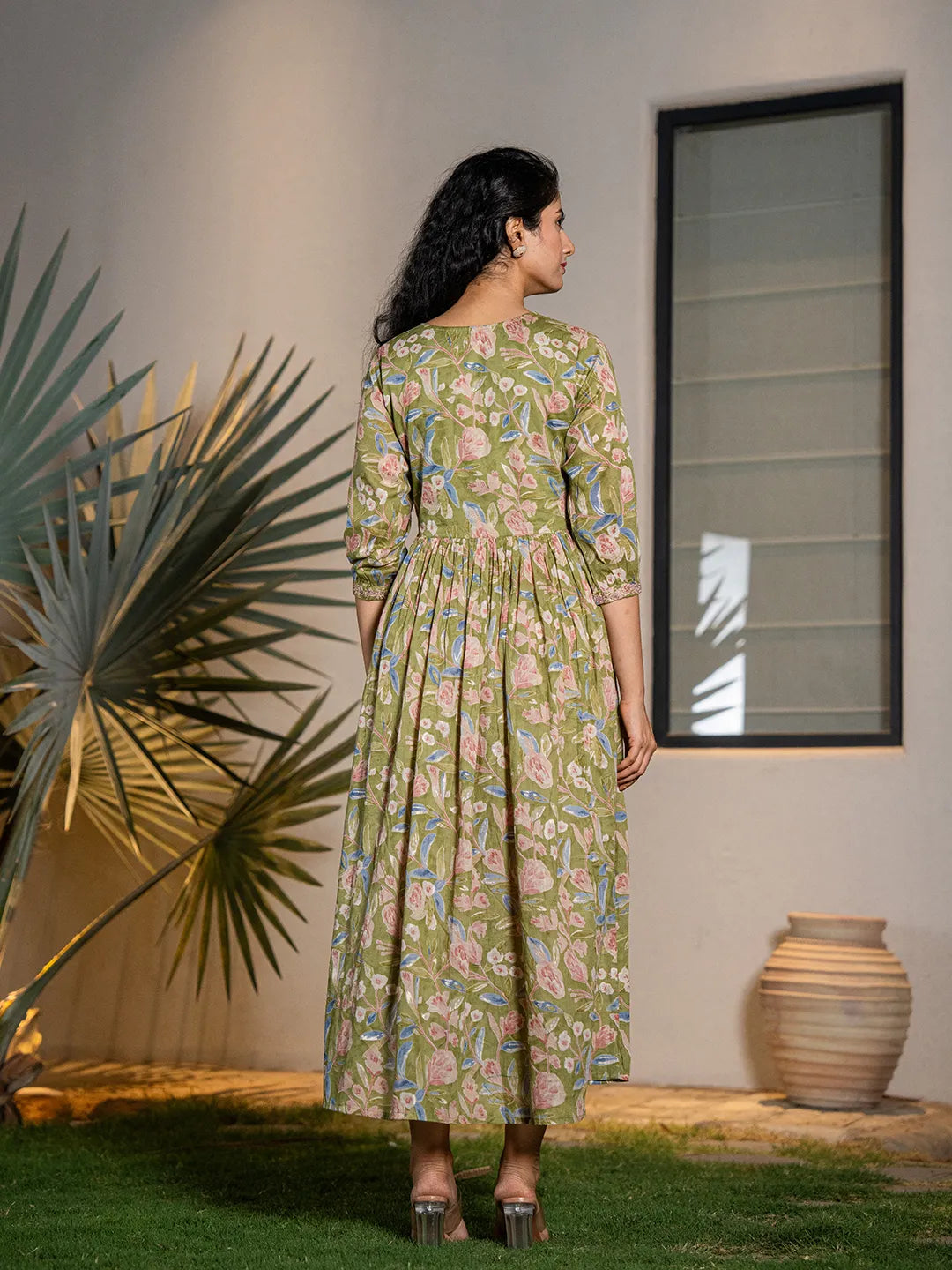 Green Pure Cotton Dori Embroidery Dress-Yufta Store-1691DRSGRS