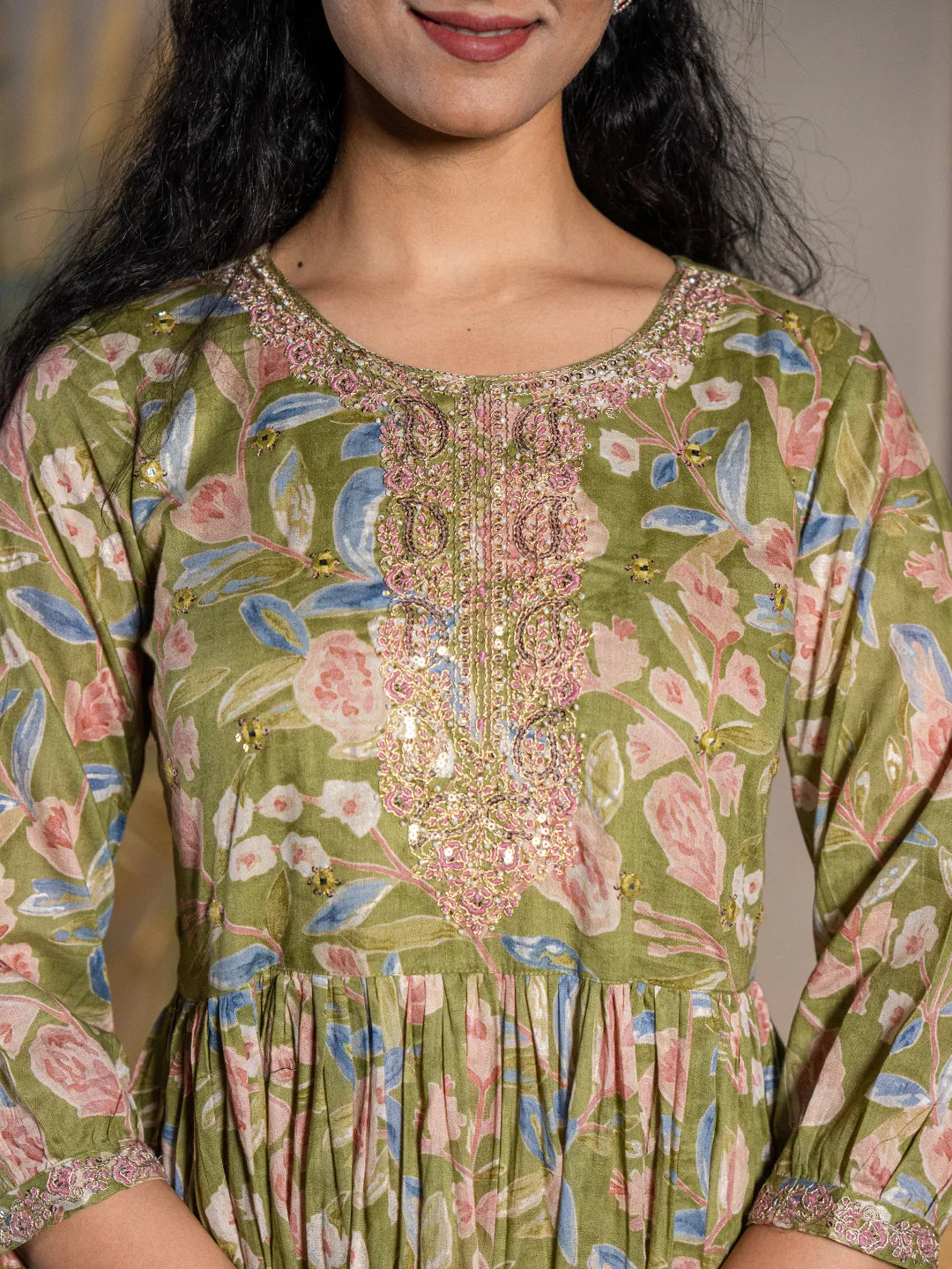 Green Pure Cotton Dori Embroidery Dress-Yufta Store-1691DRSGRS