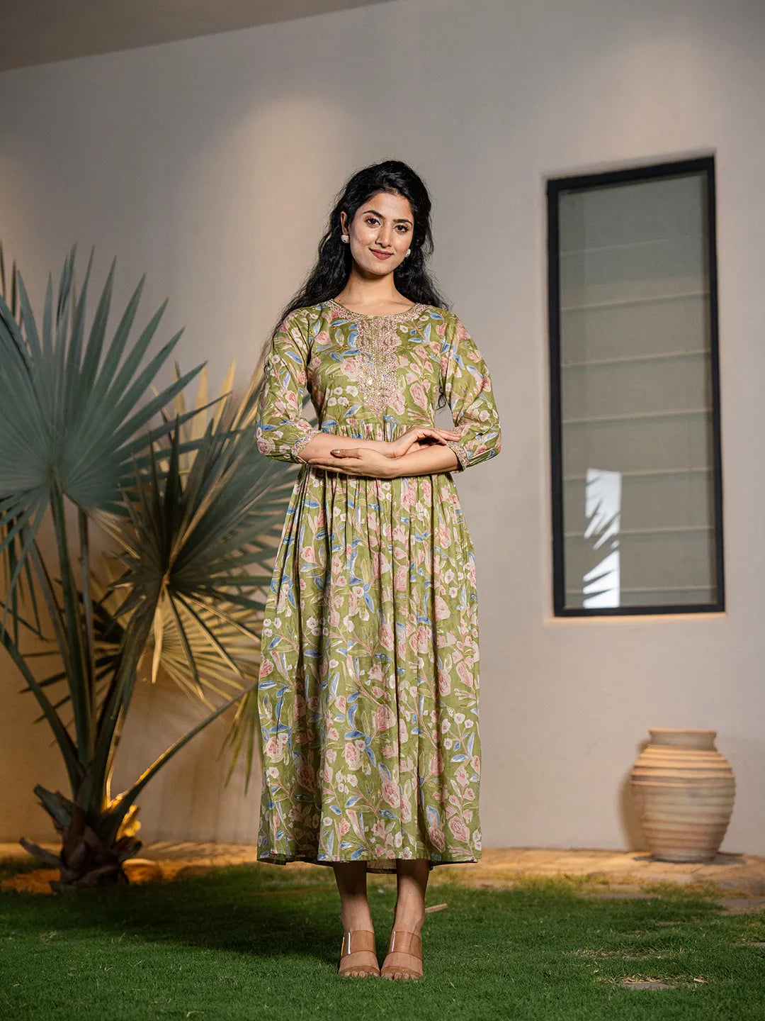 Green Pure Cotton Dori Embroidery Dress-Yufta Store-1691DRSGRS