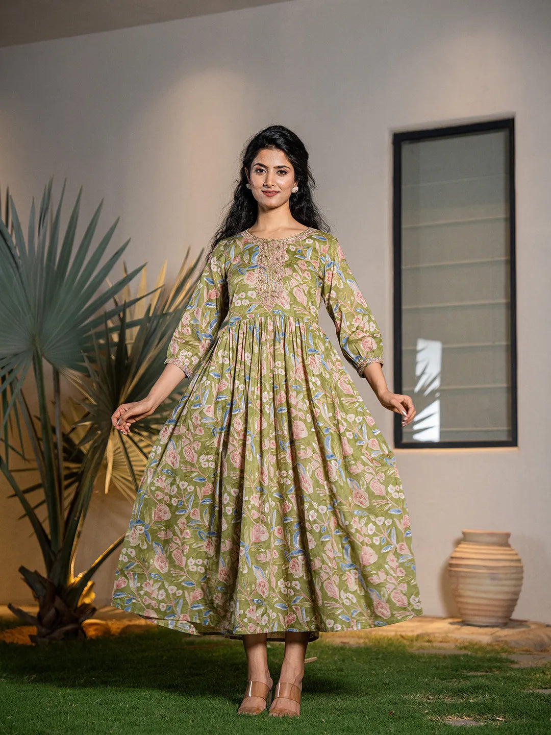 Green Pure Cotton Dori Embroidery Dress-Yufta Store-1691DRSGRS