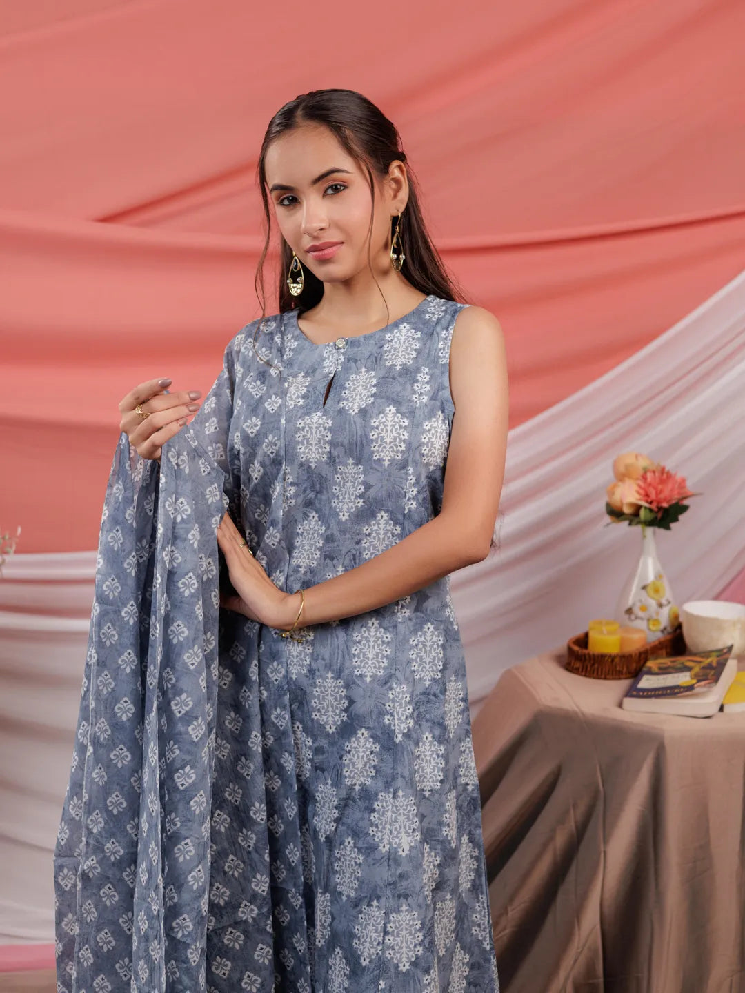 Grey Ethnic Motifs Cotton A-Line Kurta Trouser & Dupatta Set