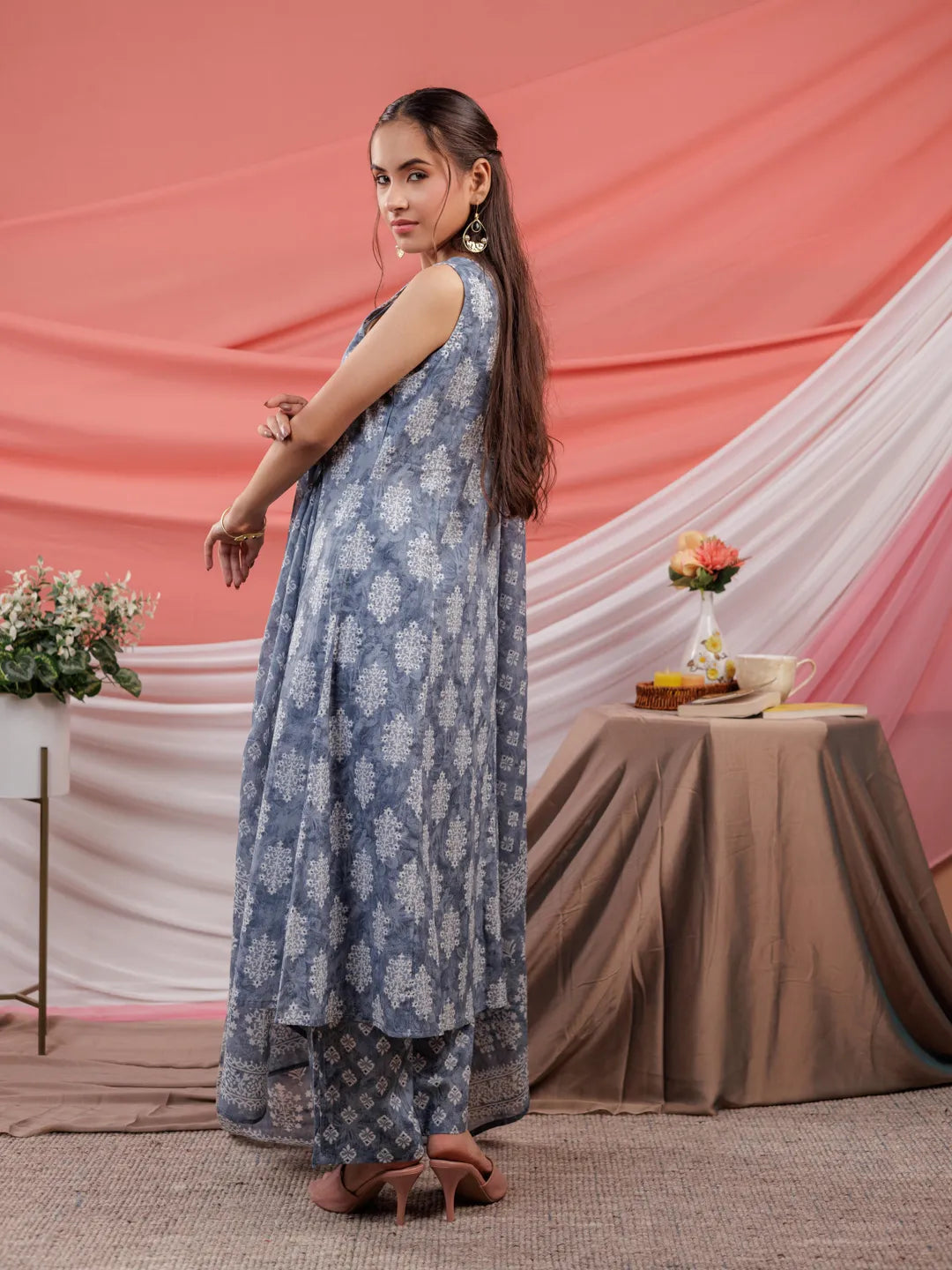 Grey Ethnic Motifs Cotton A-Line Kurta Trouser & Dupatta Set