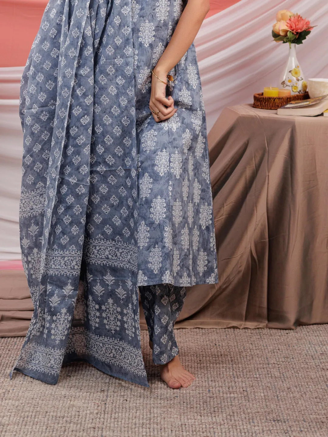 Grey Ethnic Motifs Cotton A-Line Kurta Trouser & Dupatta Set