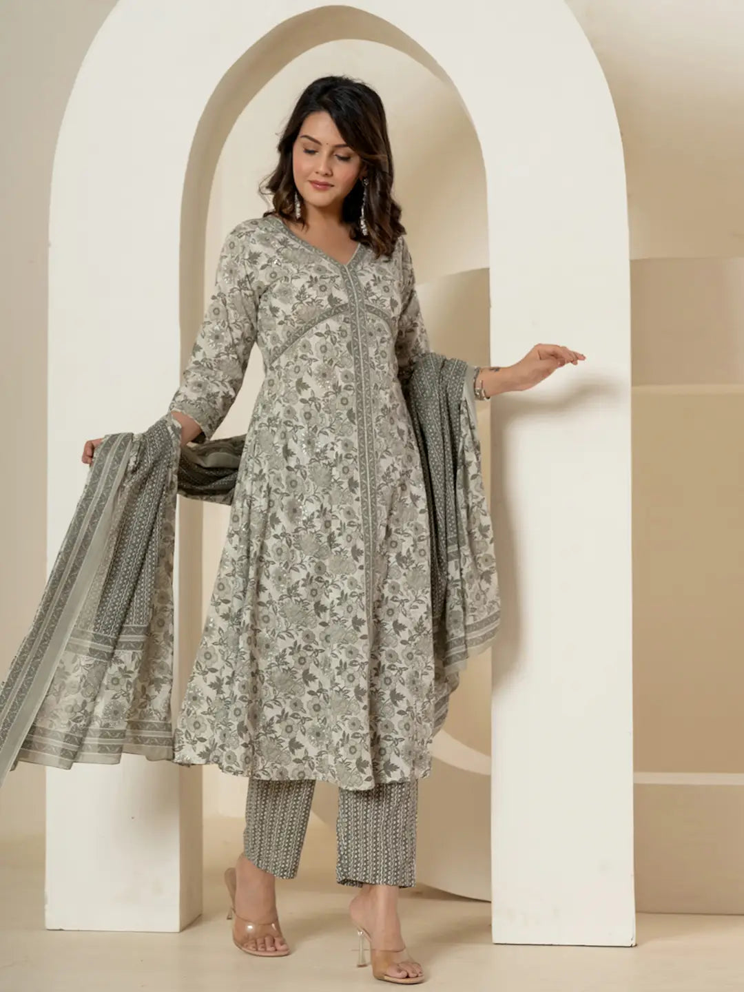 Grey Sequins_Work Pure Cotton Anarkali Kurta And Dupatta Set