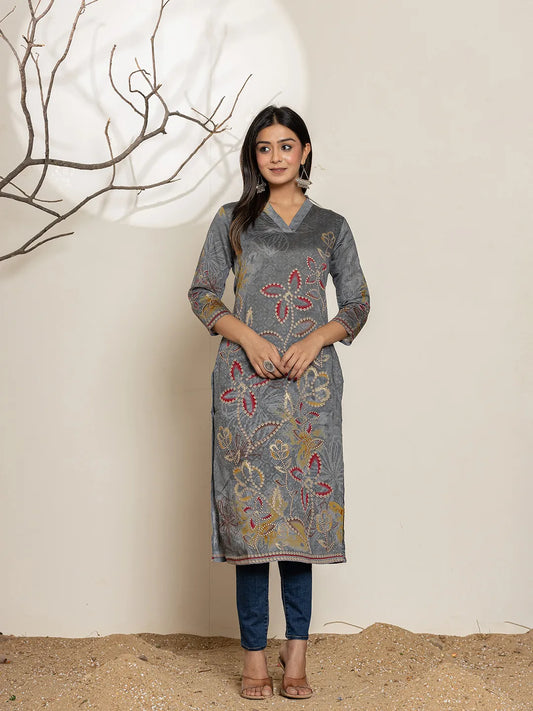 Grey Silk Blend Digital Print Kurta-Yufta Store-7000KURGYS