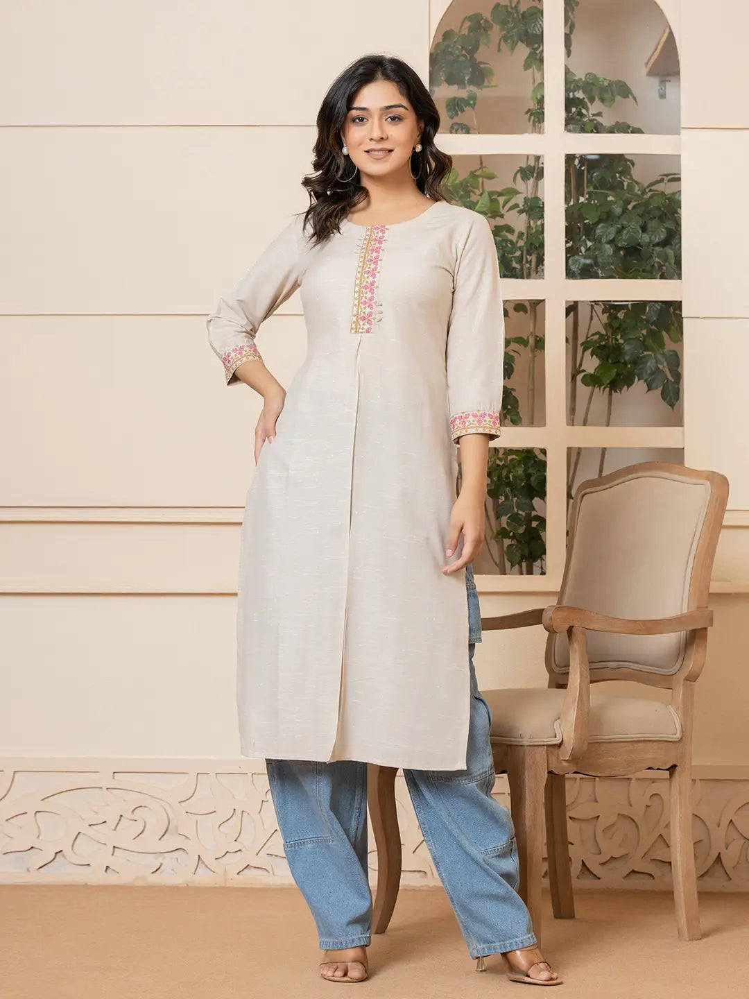 Linen Beige Embroidery Straight Kurta