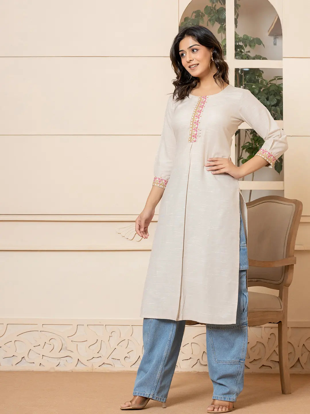 Linen Beige Embroidery Straight Kurta