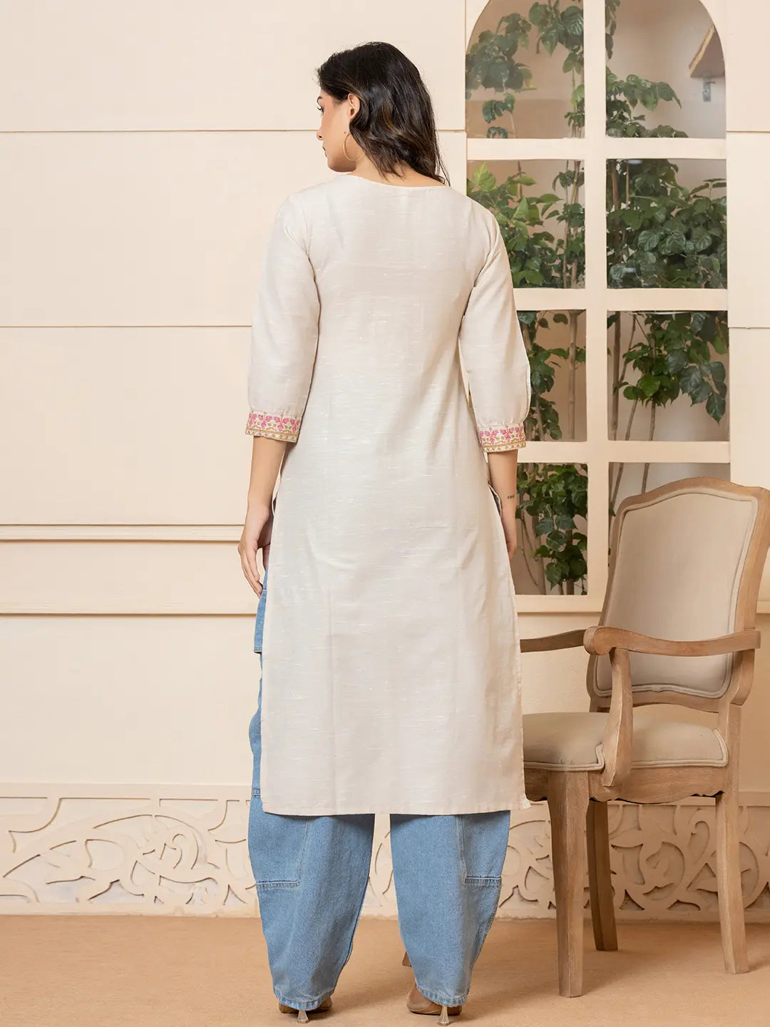 Linen Beige Embroidery Straight Kurta