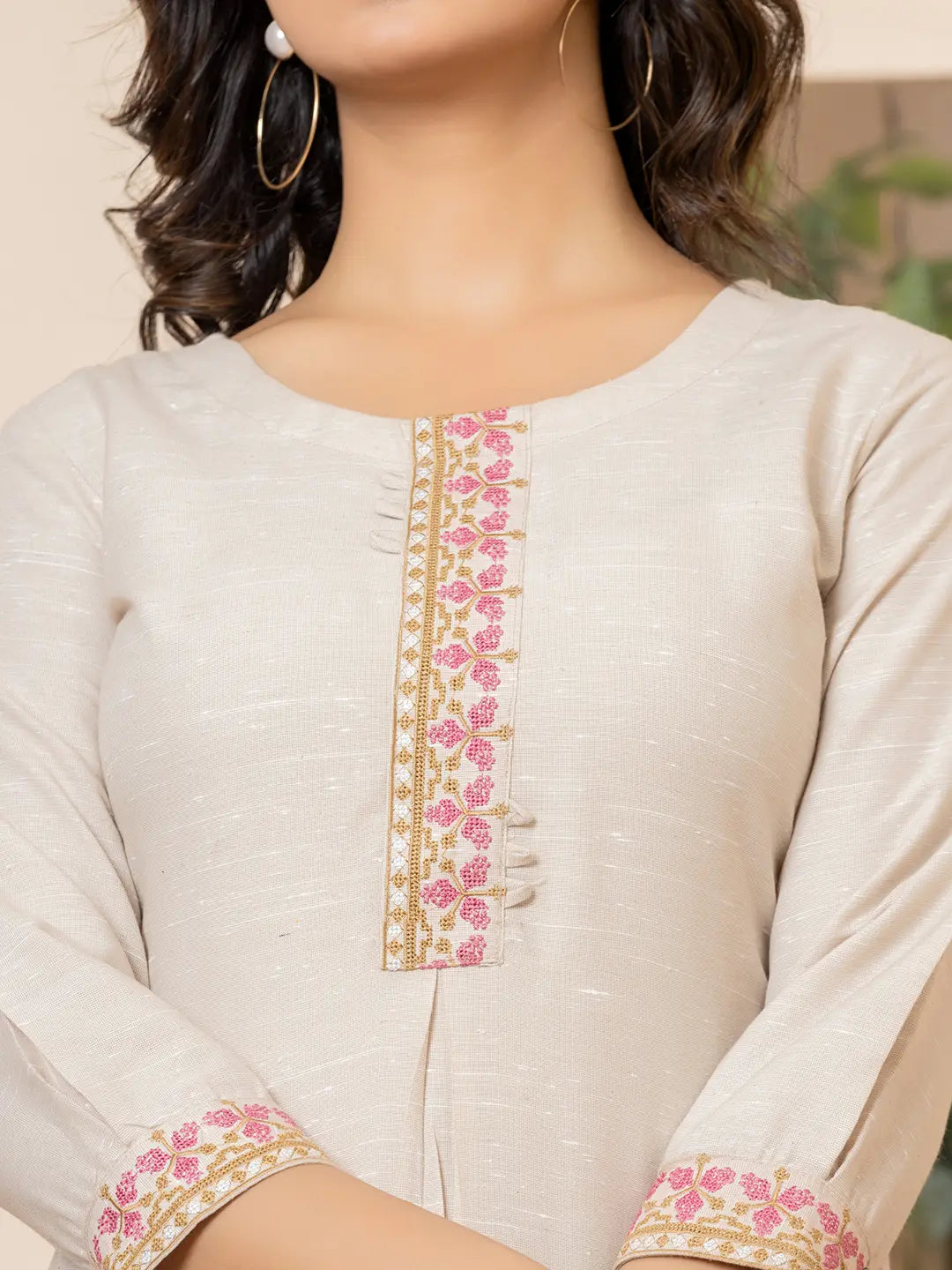 Linen Beige Embroidery Straight Kurta