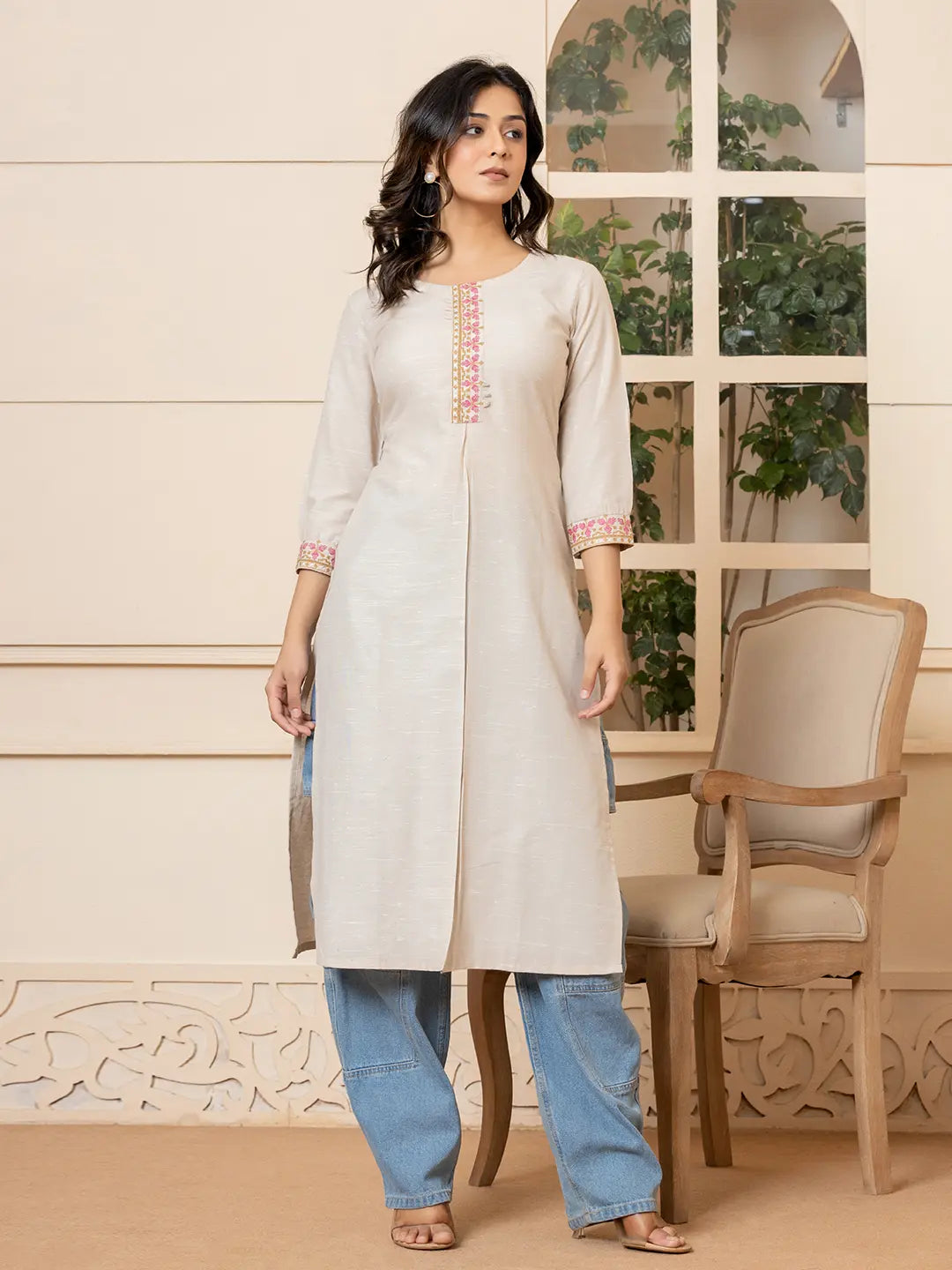 Linen Beige Embroidery Straight Kurta