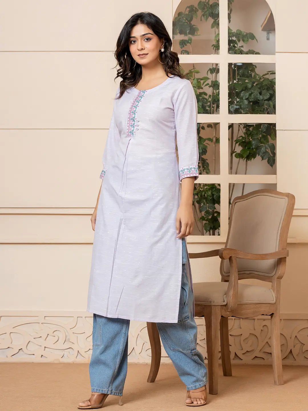 Linen Lavender Embroidery Straight Kurta