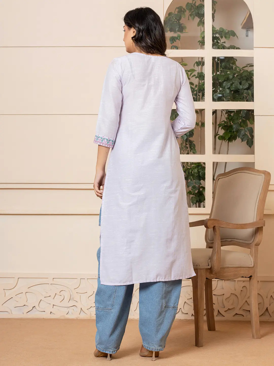 Linen Lavender Embroidery Straight Kurta