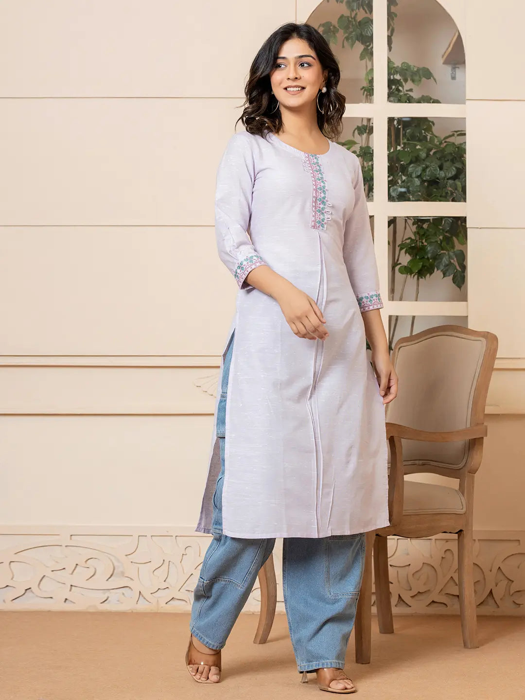 Linen Lavender Embroidery Straight Kurta