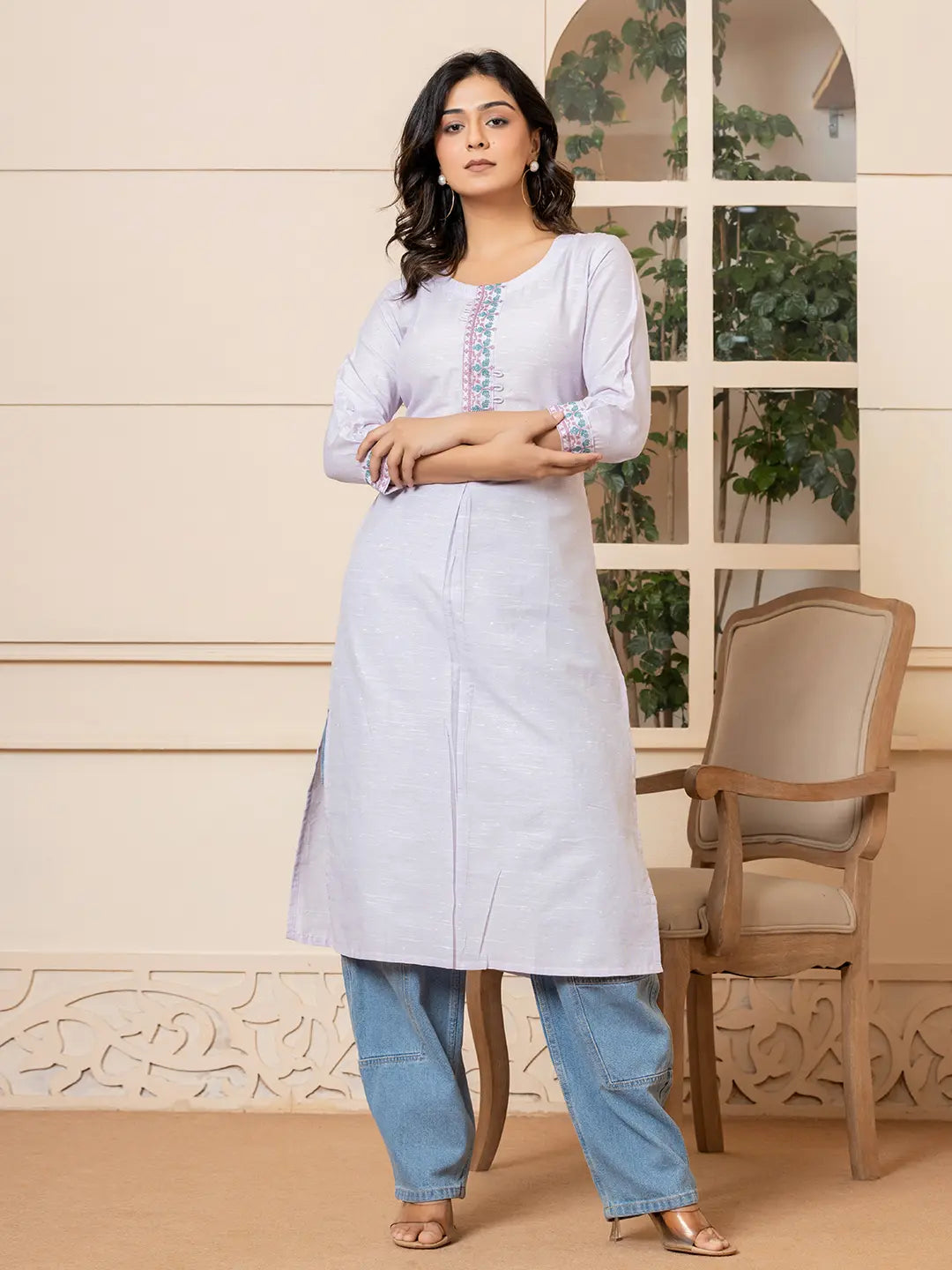 Linen Lavender Embroidery Straight Kurta