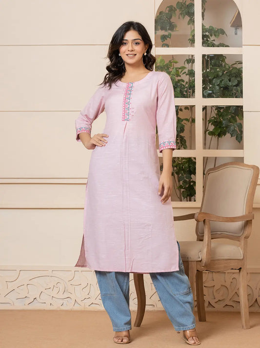 Linen Pink Embroidery Straight Kurta