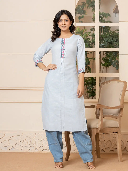 Linen Sky Blue Embroidery Straight Kurta