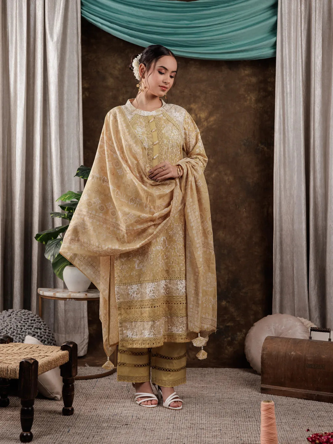 Mustard Cotton Schiffli Kurta Dupatta Set With Lace Detailing