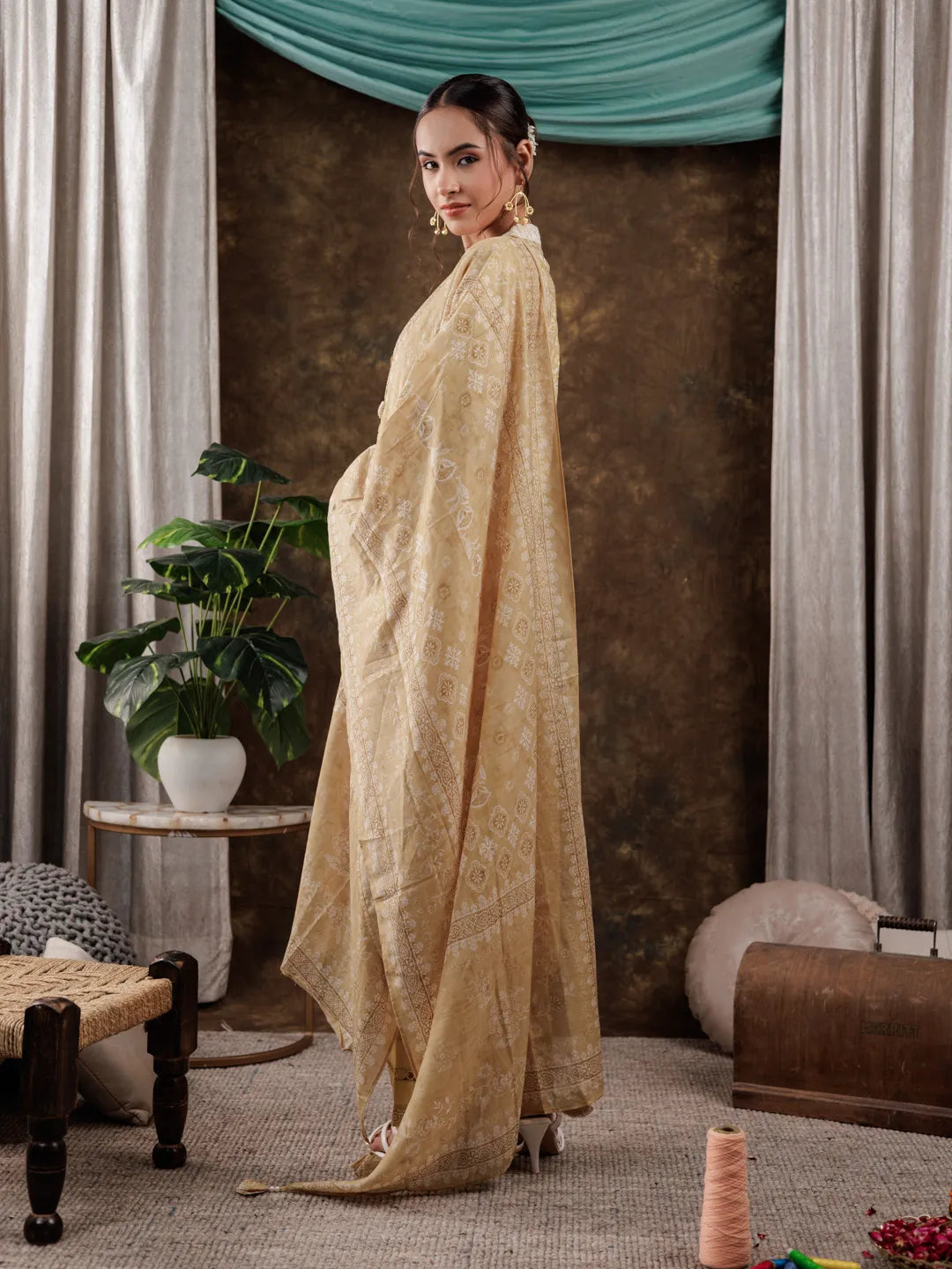 Mustard Cotton Schiffli Kurta Dupatta Set With Lace Detailing