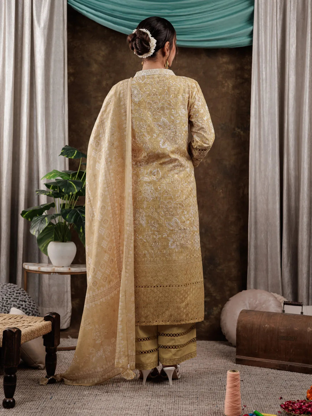 Mustard Cotton Schiffli Kurta Dupatta Set With Lace Detailing