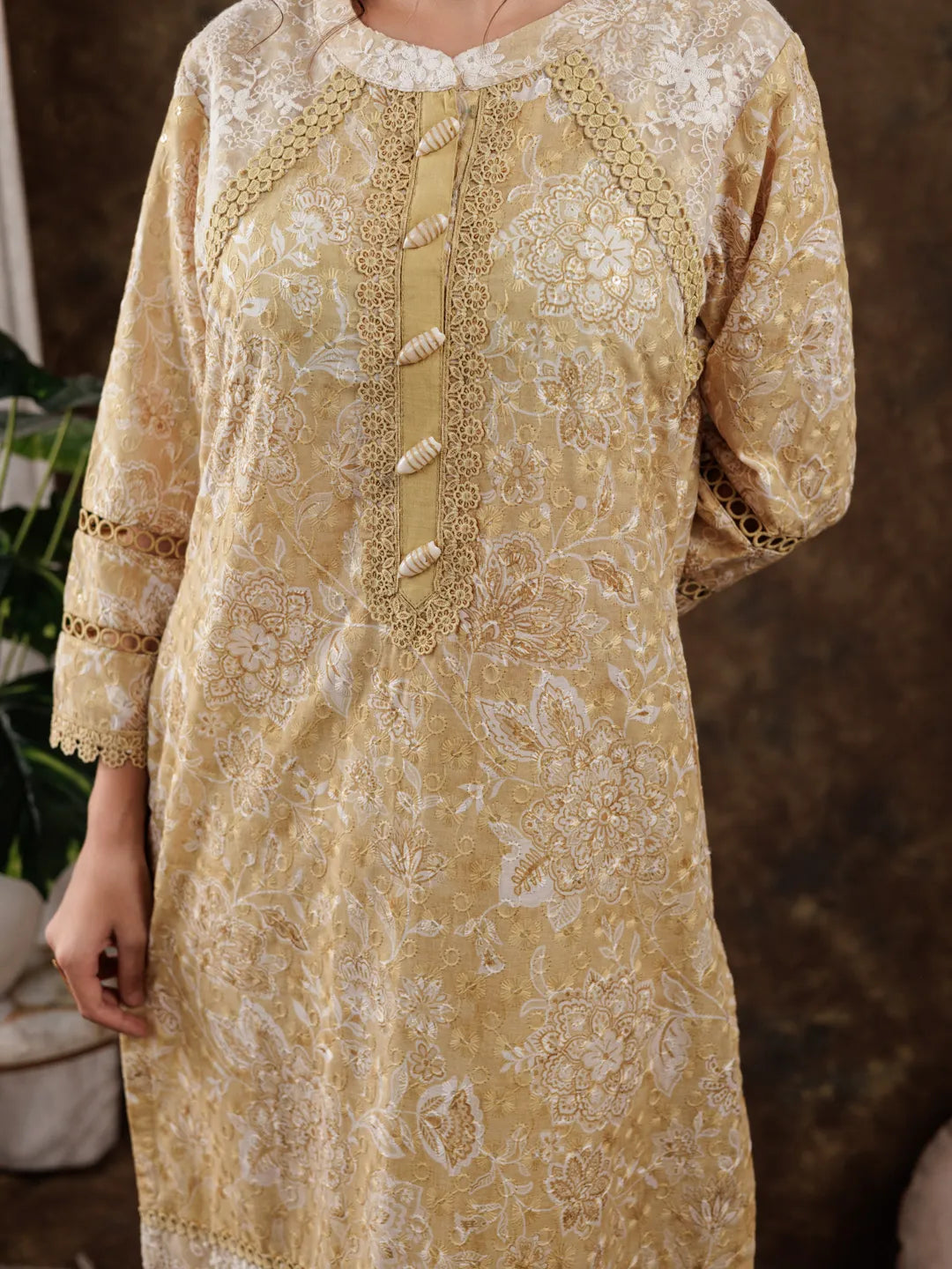 Mustard Cotton Schiffli Kurta Dupatta Set With Lace Detailing