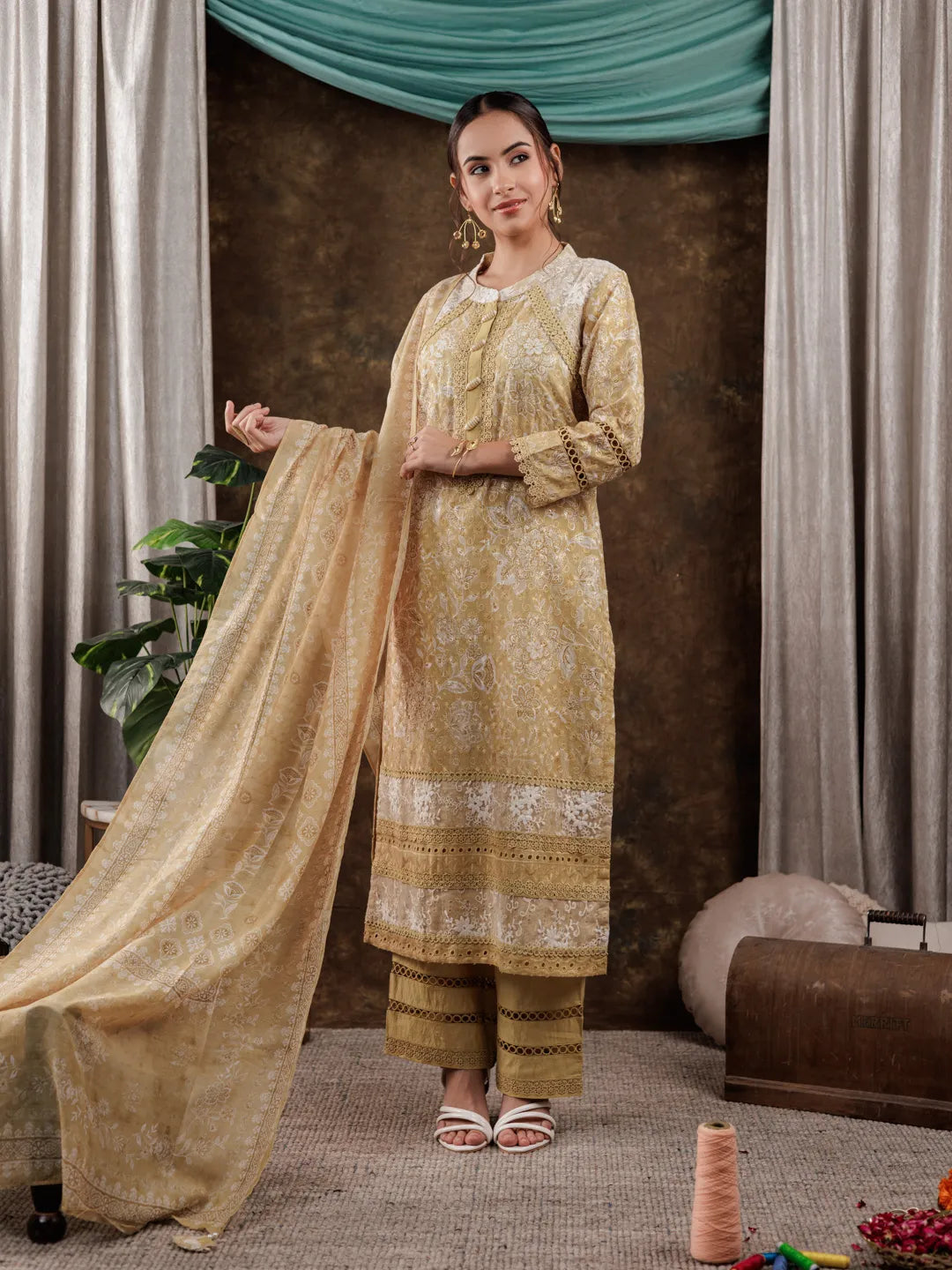 Mustard Cotton Schiffli Kurta Dupatta Set With Lace Detailing