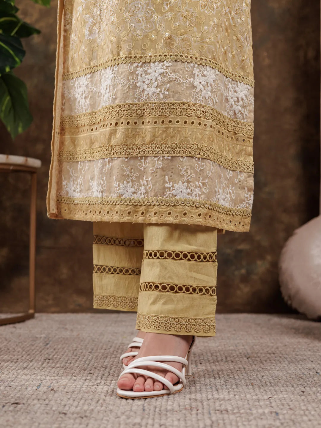 Mustard Cotton Schiffli Kurta Dupatta Set With Lace Detailing