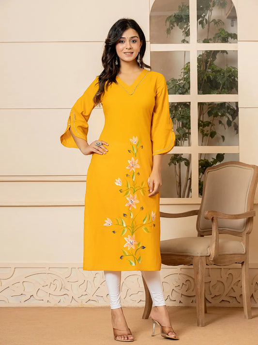 Mustard Hand Painted Straight Kurta