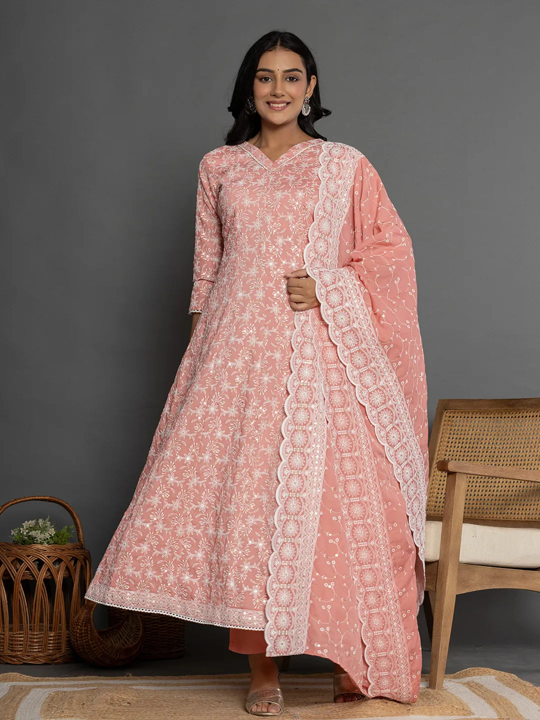 Peach Cotton Silk Embroidered Anarkali Kurta Dupatta Set