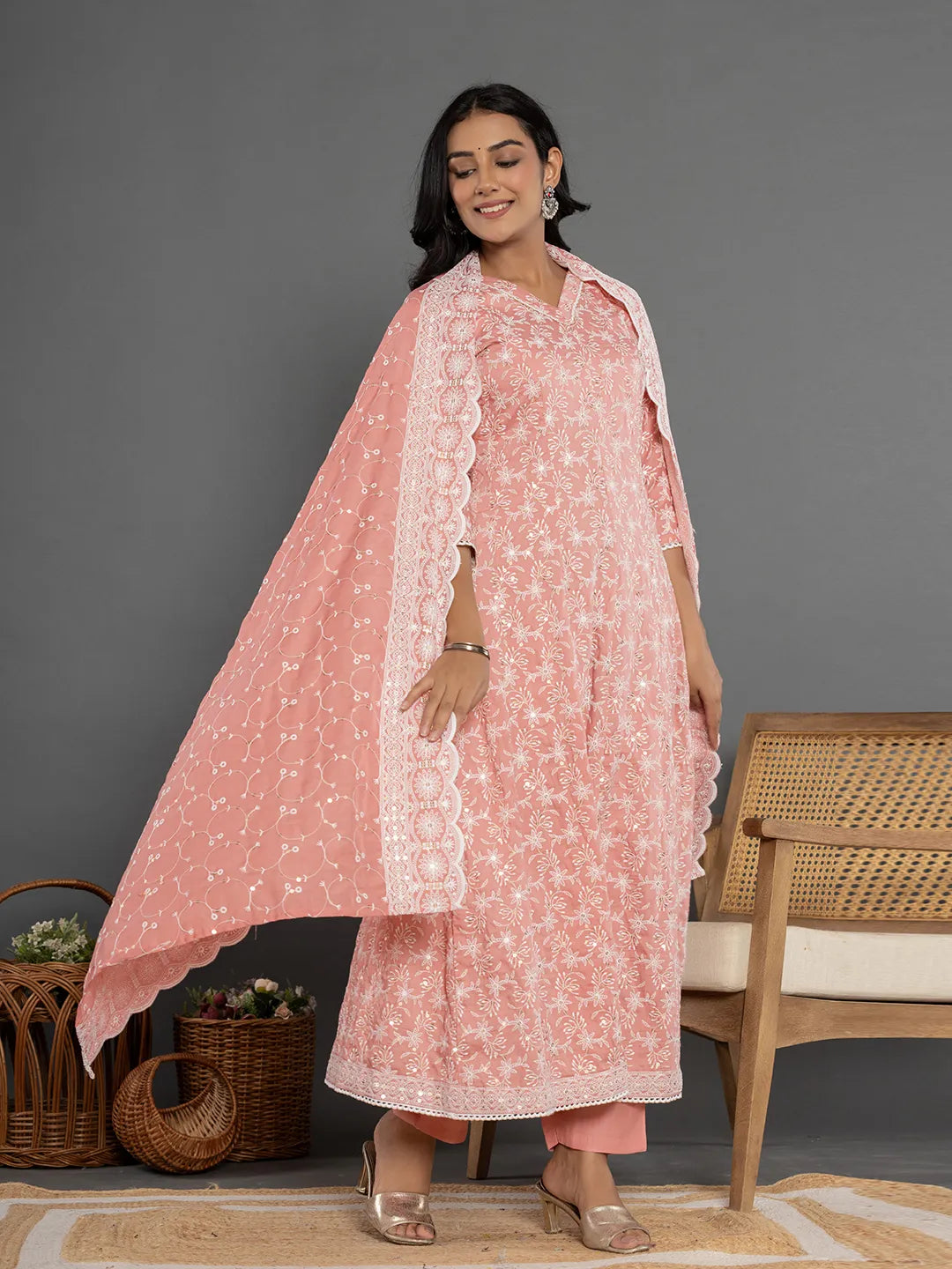 Peach Cotton Silk Embroidered Anarkali Kurta Dupatta Set