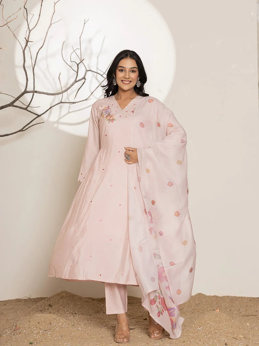 Peach Embroidery Silk Blend A-Line Kurta Dupatta Set-Yufta Store-7019SKDPCS