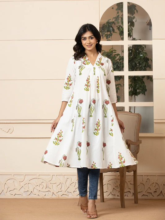 Pink & White Cotton Floral Print Aline Kurta