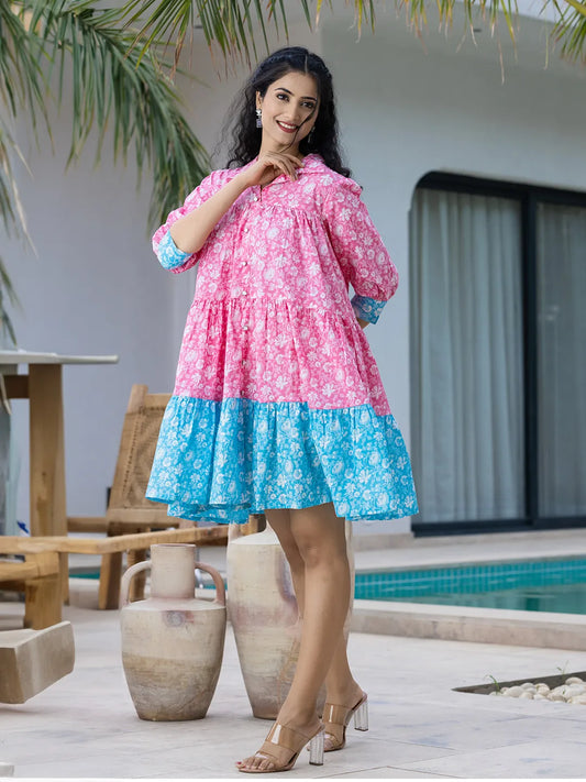 Pink & Sky Blue Pure Cotton Colour Blocking Dress-Yufta Store-1055DRSSBS