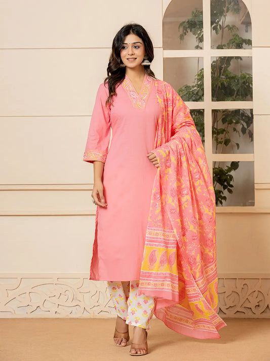 Pink Cotton Embroidered Kurta Dupatta Set