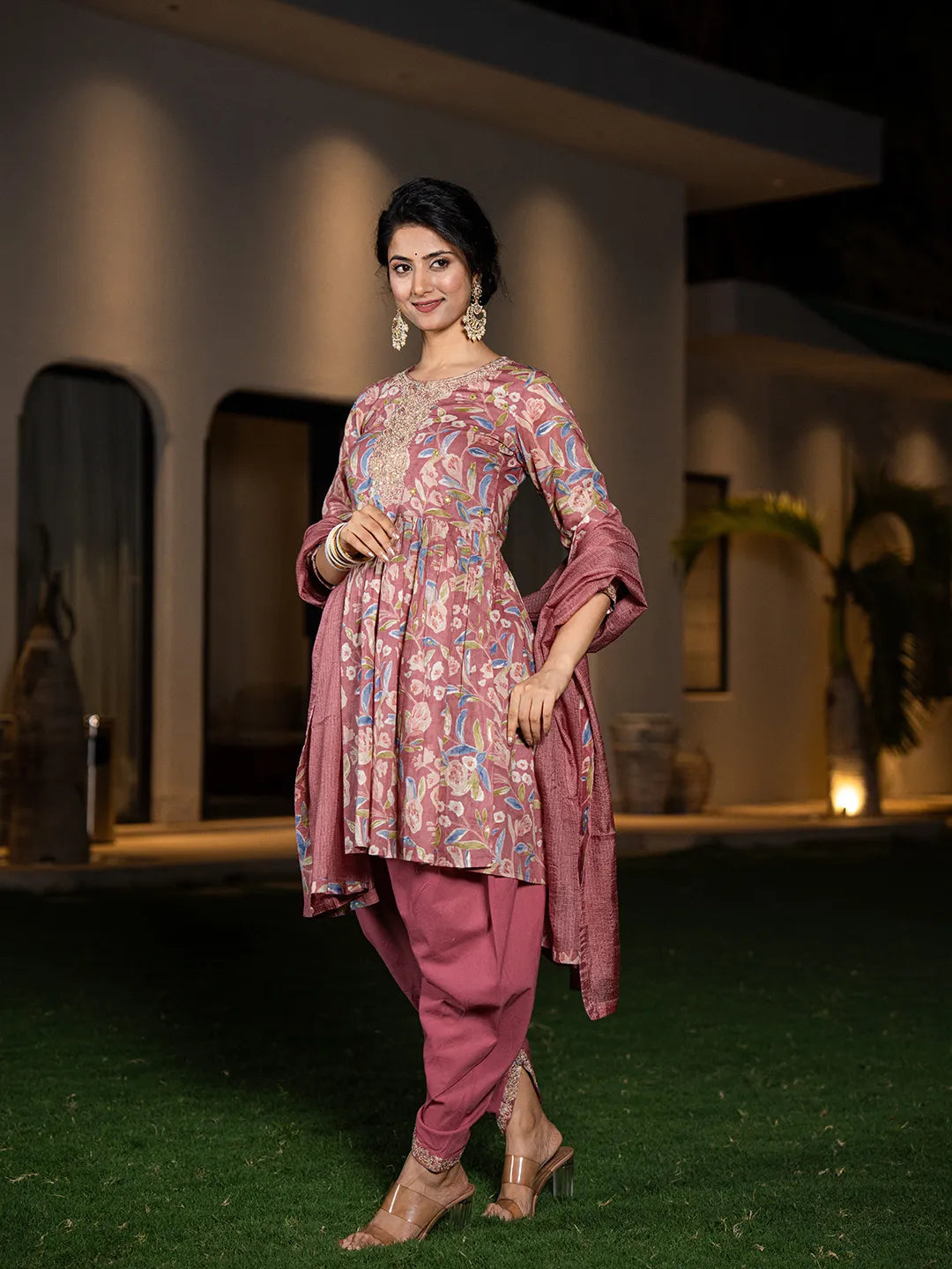 Pink Cotton Embroidery A-Line Kurta Dupatta Set-Yufta Store-1693SKDPKS