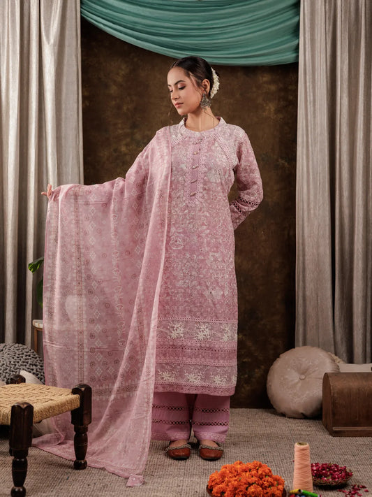 Pink Cotton Schiffli Kurta Dupatta Set With Lace Detailing