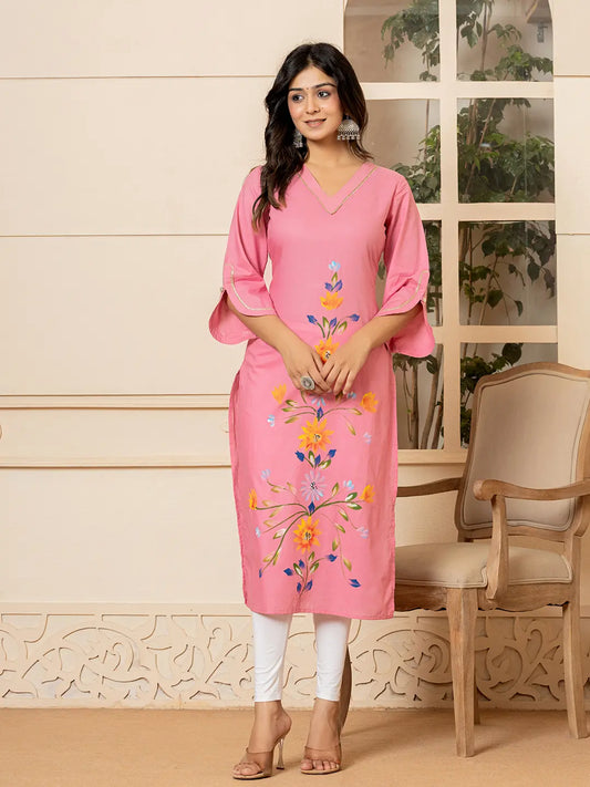 Pink Hand Painted Straight Kurta