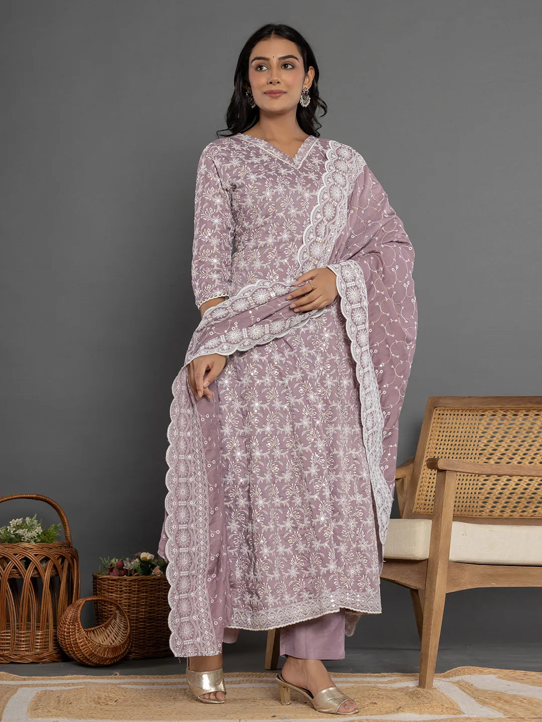 Purple Cotton Silk Embroidered Anarkali Kurta Dupatta Set