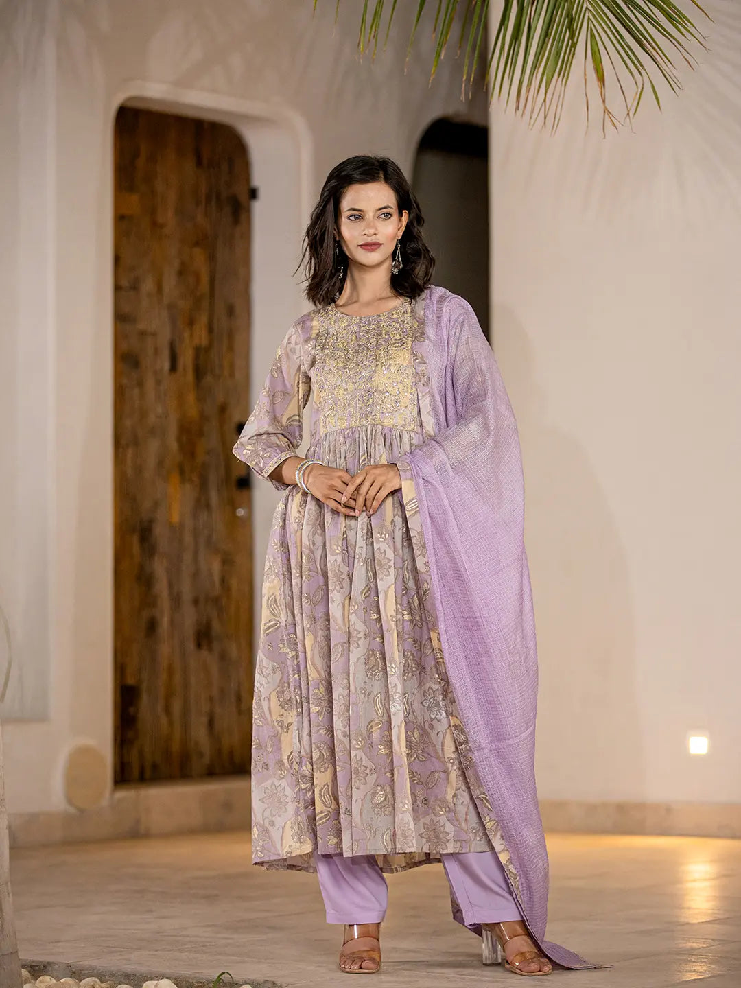 Purple Floral Print Malmal Fit And Flare Suit Set-Yufta Store-6964SKDPRS