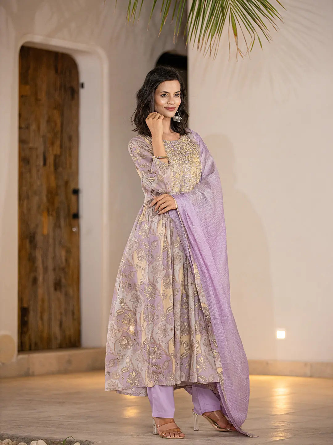 Purple Floral Print Malmal Fit And Flare Suit Set-Yufta Store-6964SKDPRS