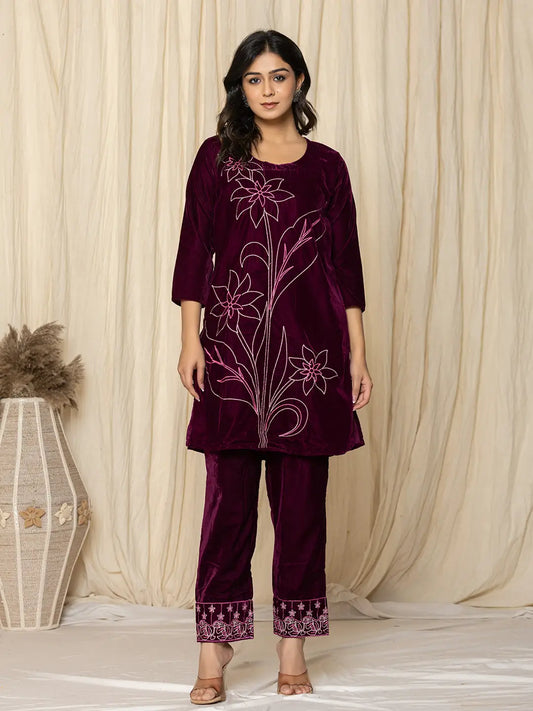 Purple Embroidered Velvet Co-Ord Set