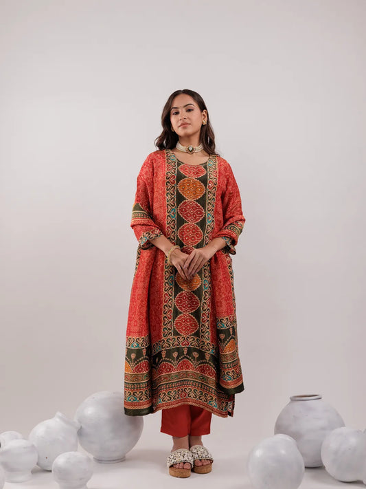 Red Pure Shimmer Tissue With Pure Viscose Trouser And Shimmer Dupatta