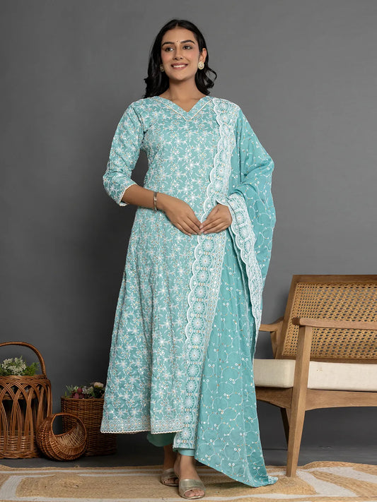 Sea Green Cotton Silk Embroidered Anarkali Kurta Dupatta Set