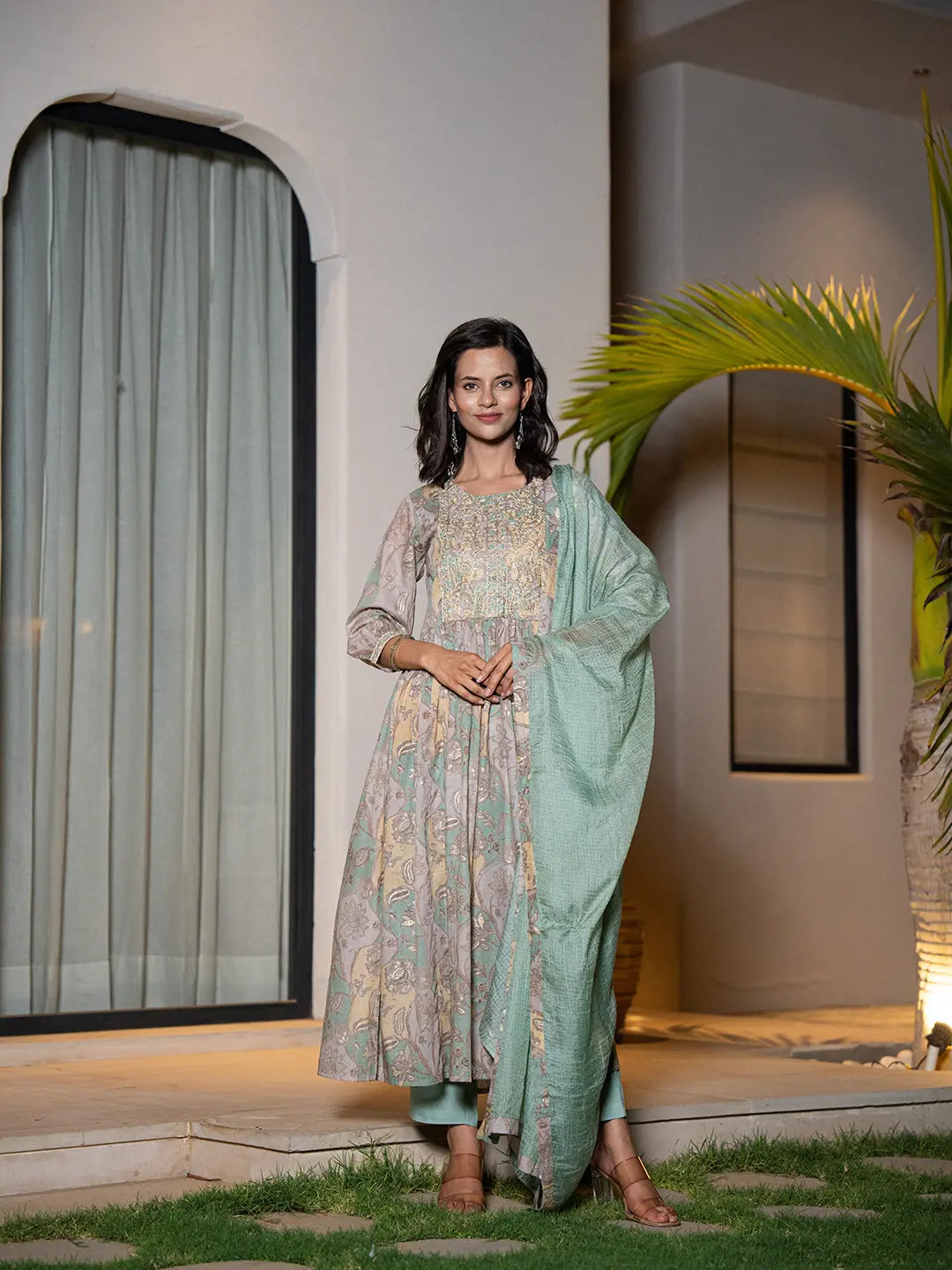 Sea Green Floral Print Malmal Fit And Flare Suit Set-Yufta Store-6964SKDSGS