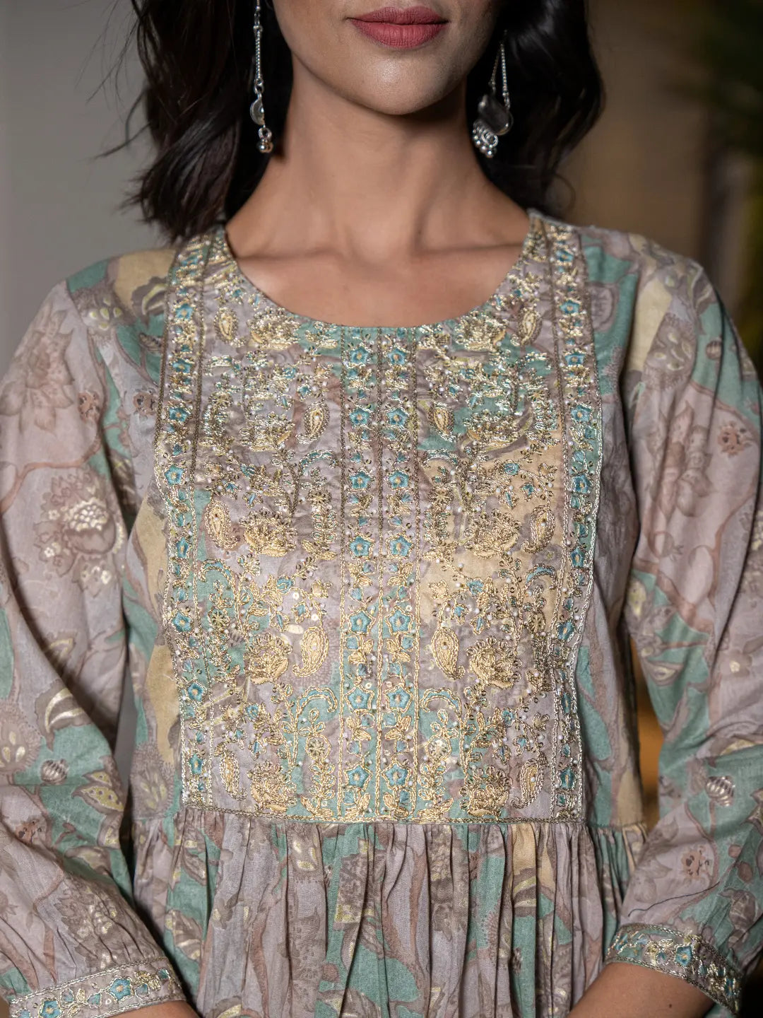 Sea Green Floral Print Malmal Fit And Flare Suit Set-Yufta Store-6964SKDSGS