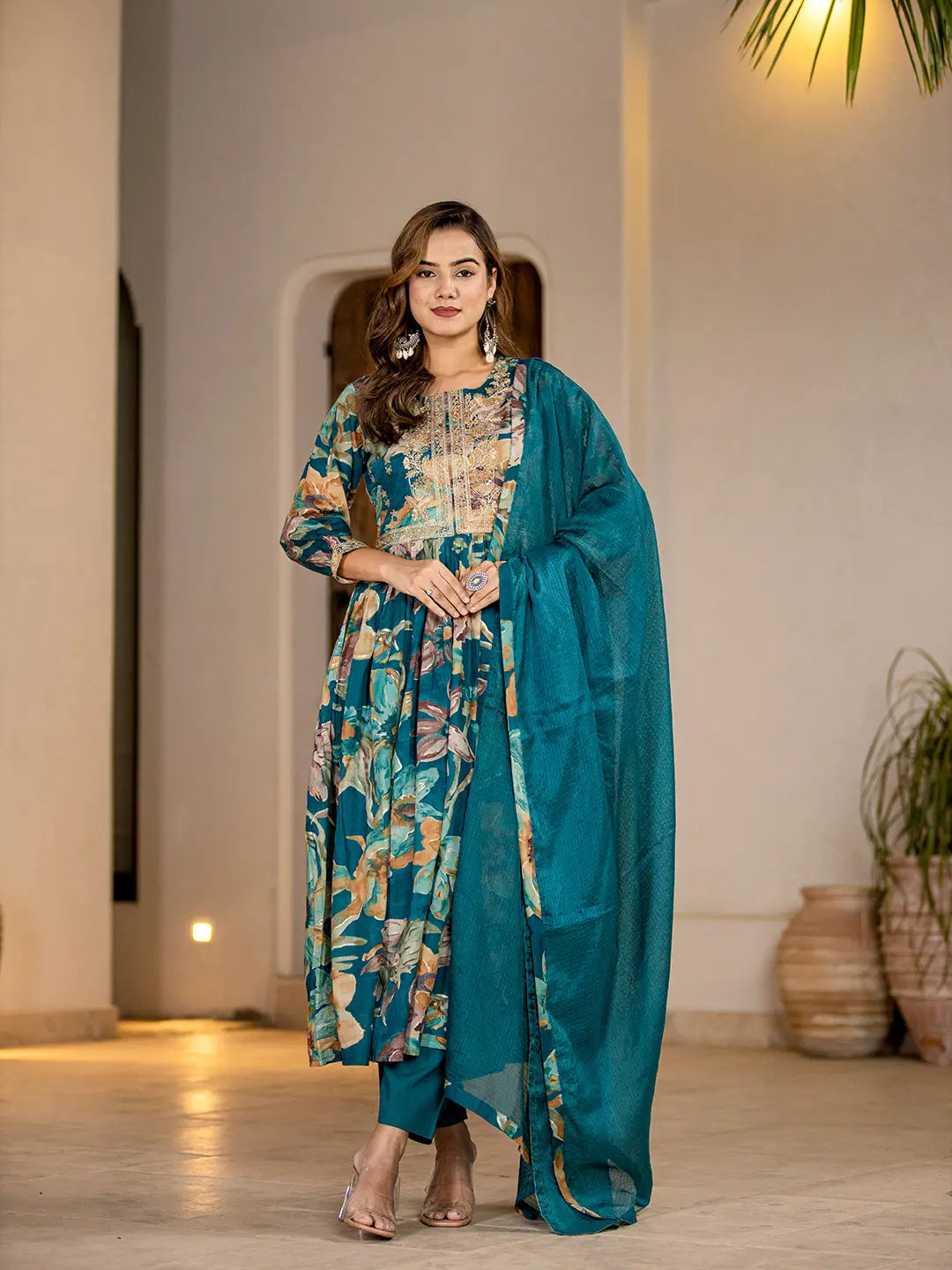 Teal Blue Floral Print Malmal Fit And Flare Suit Set-Yufta Store-6963SKDTBS