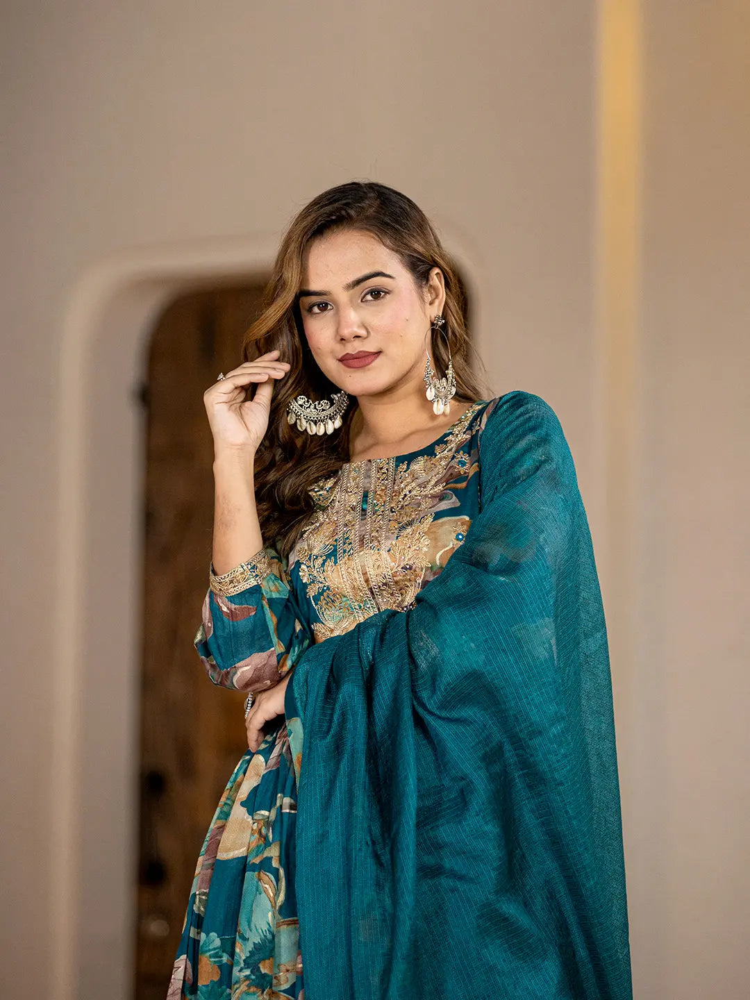 Teal Blue Floral Print Malmal Fit And Flare Suit Set-Yufta Store-6963SKDTBS