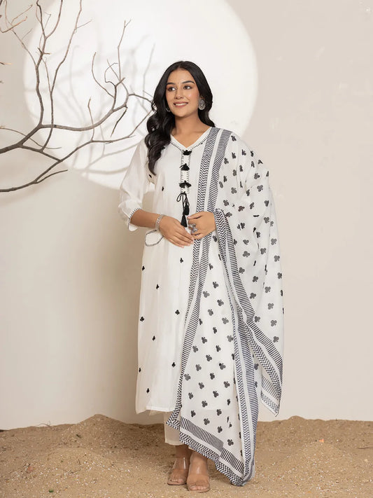 White Cotton A-Line embroidered Kurta Dupatta Set-Yufta Store-7020SKDWHS