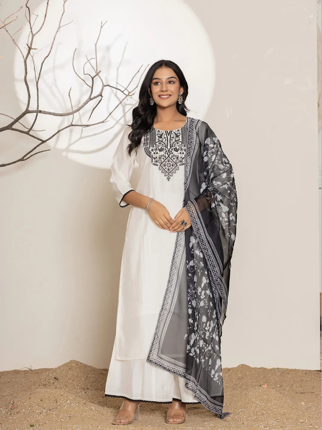 White Embroidery Cotton Straight Kurta Palazzo Dupatta Set-Yufta Store-7021SKDWHS