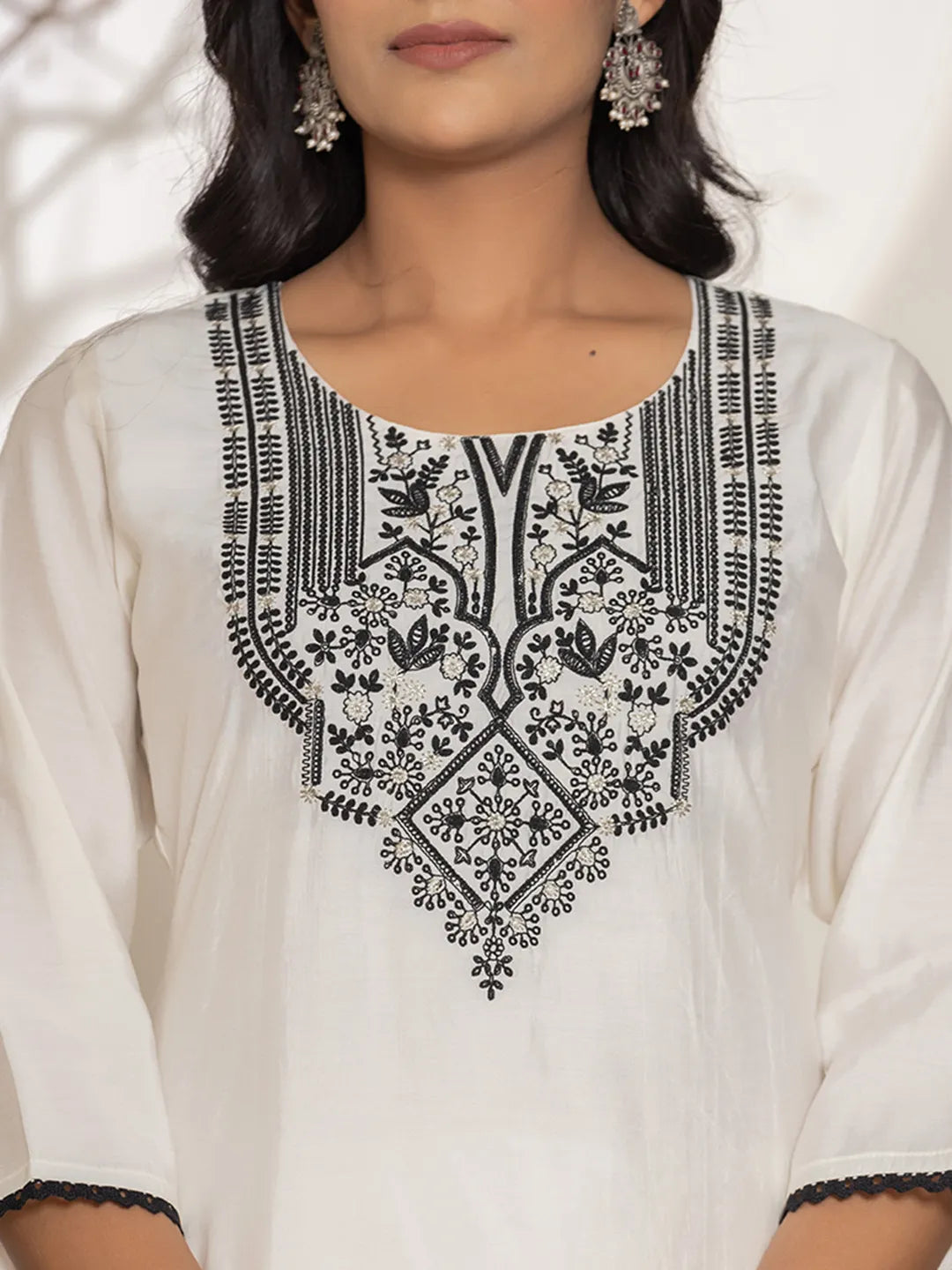 White Embroidery Cotton Straight Kurta Palazzo Dupatta Set-Yufta Store-7021SKDWHS