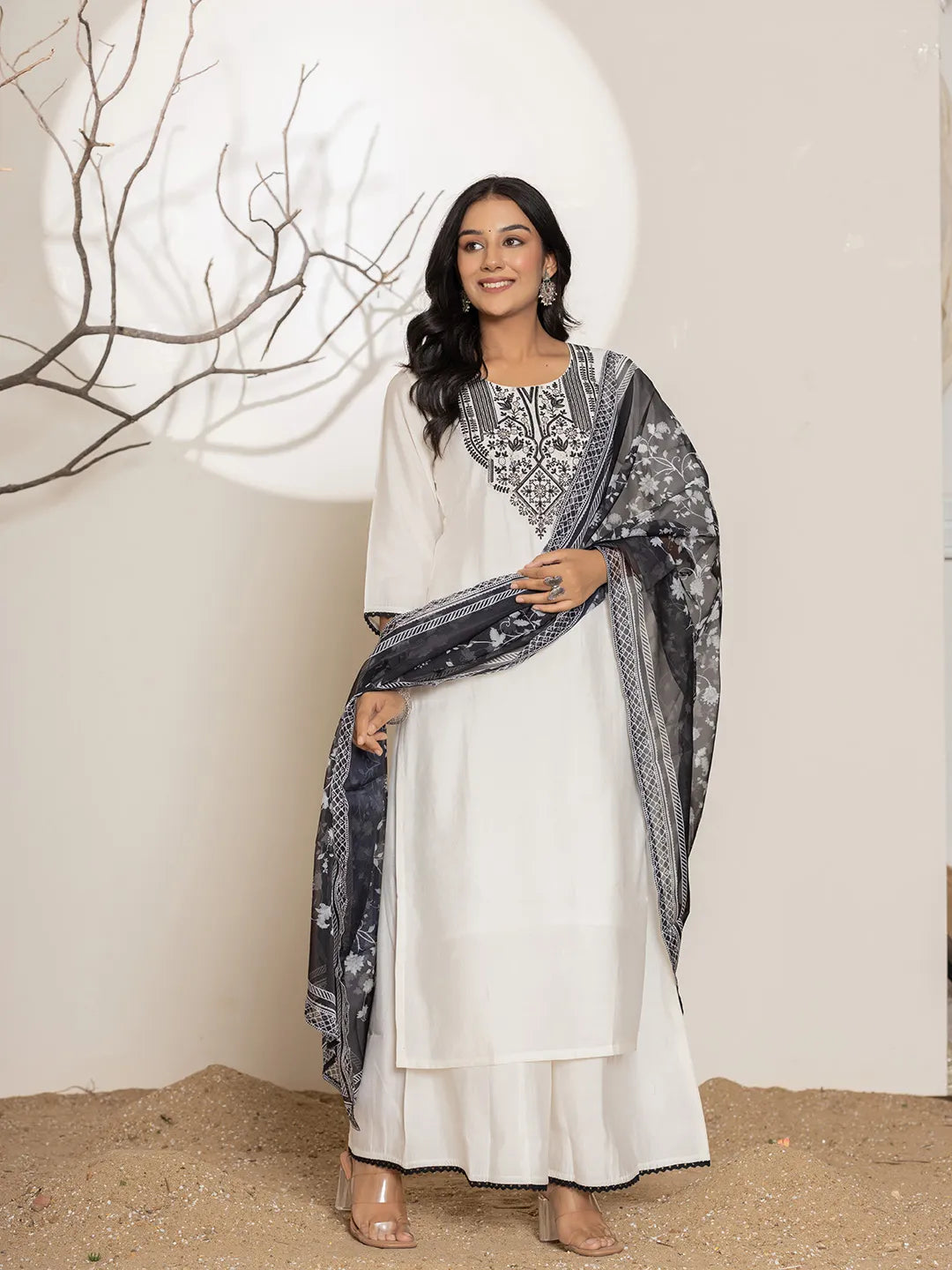 White Embroidery Cotton Straight Kurta Palazzo Dupatta Set-Yufta Store-7021SKDWHS